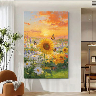 大芬村现代纯手绘油画花甸栖蝶客厅装饰画向日葵入户有玄关挂画