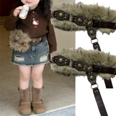 儿童秋冬毛毛腰带女童复古废土风pu皮腰带时髦搭潮流腰链Y2K配饰