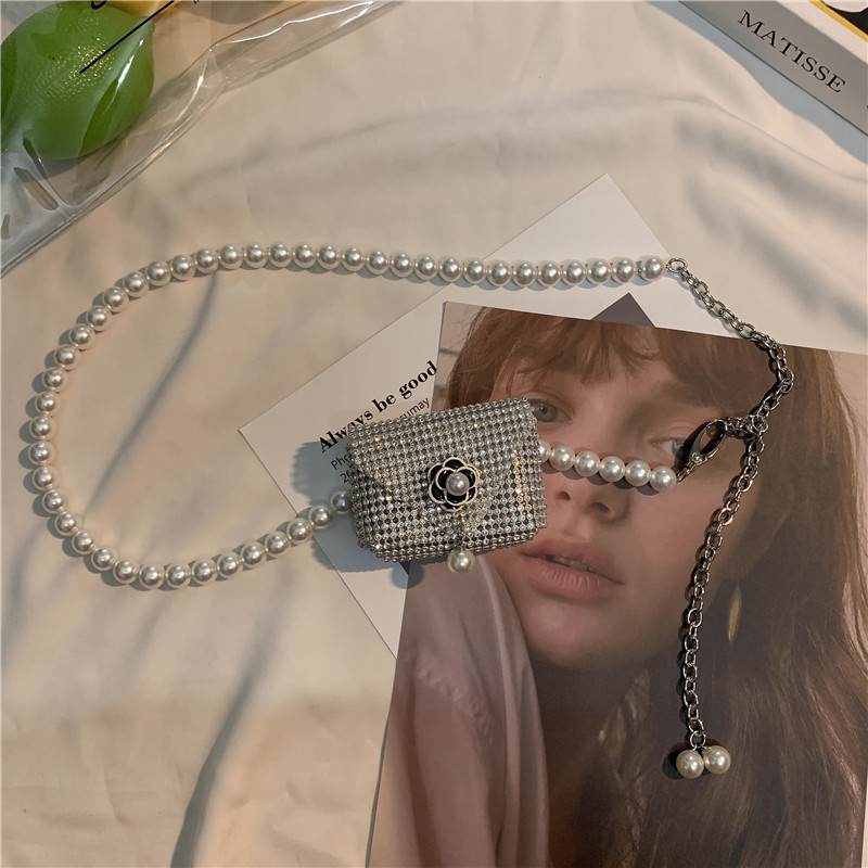 新款夏季ins珍珠链条小包包女水钻迷你百搭腰带斜跨包腰链配饰潮