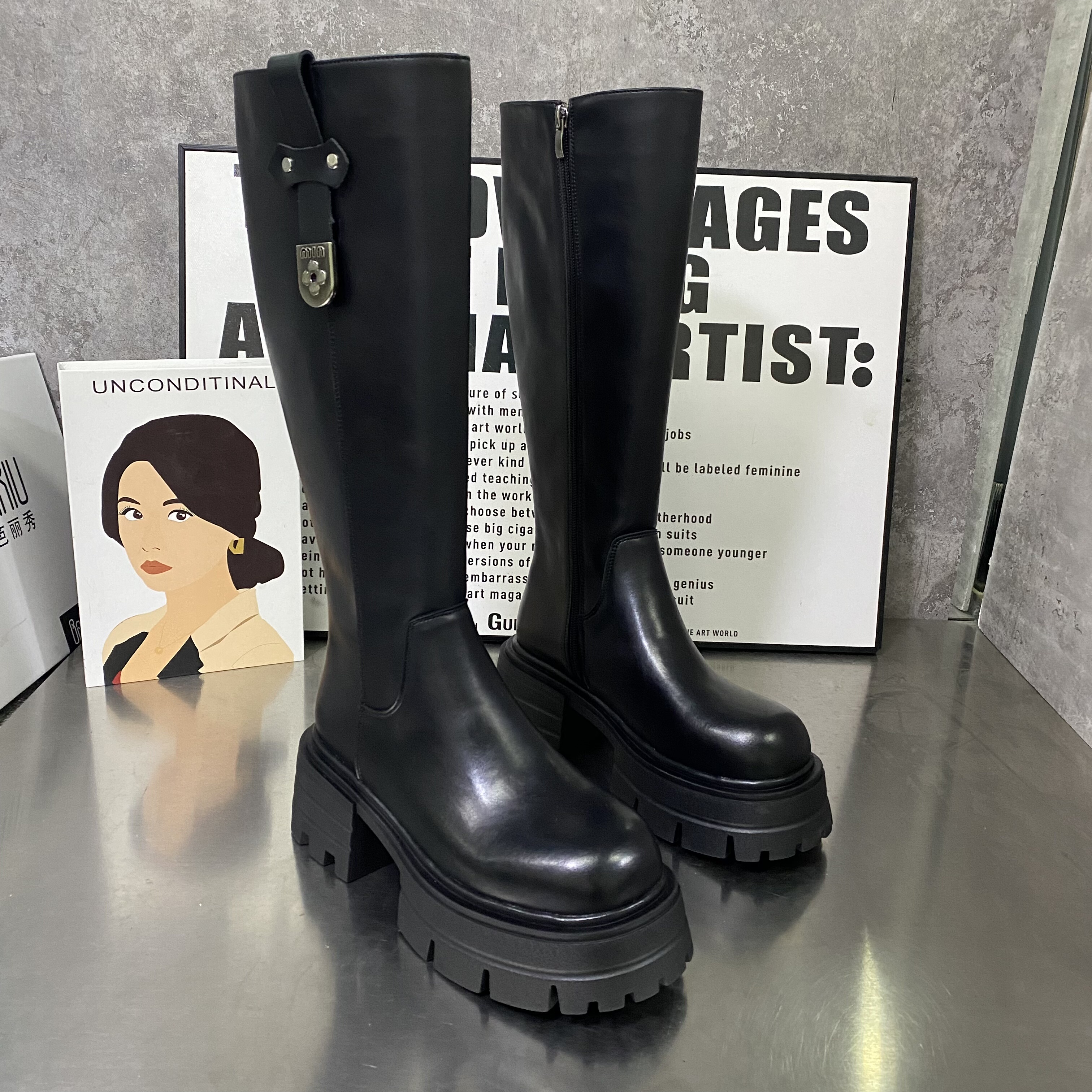 2025女靴松糕厚底膝盖下长筒靴真皮不过膝加棉靴增高高筒骑士靴