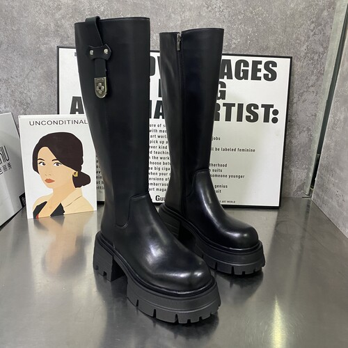 2025女靴松糕厚底膝盖下长筒靴真皮不过膝加棉靴增高高筒骑士靴