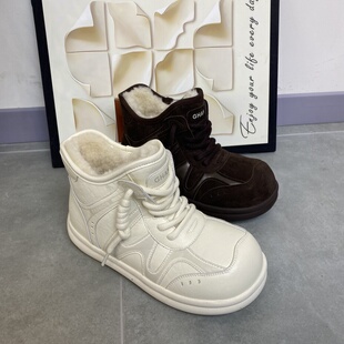 2025冬季女靴防滑底加棉高帮雪地靴真皮大棉女鞋丑萌大头面包鞋