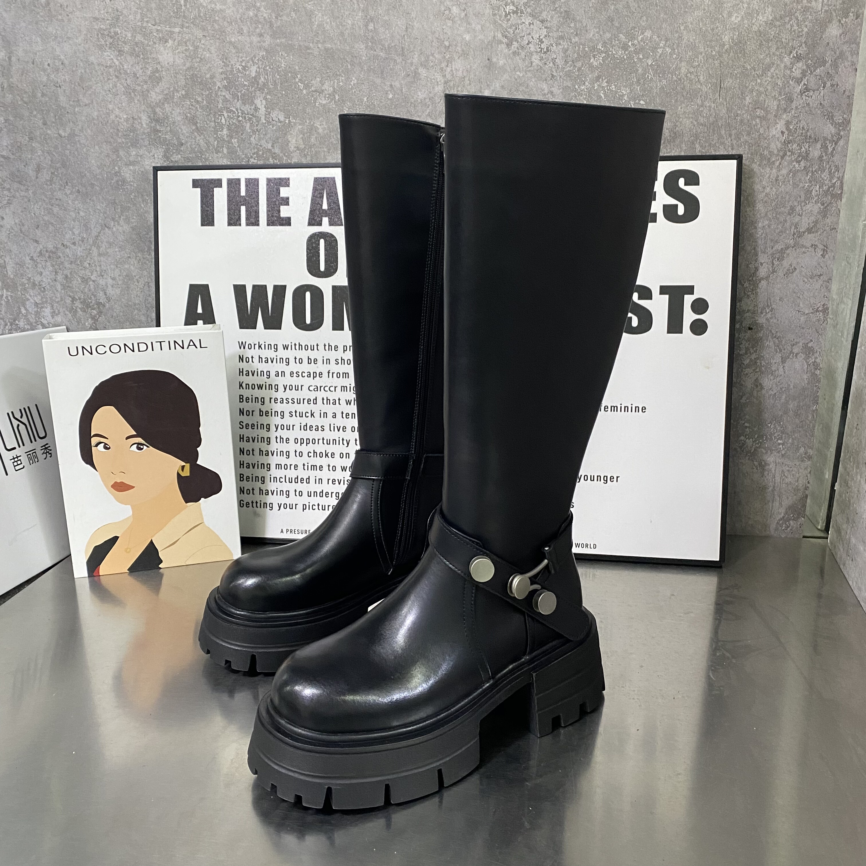 2025女靴松糕厚底膝盖下长筒靴真皮增高骑士靴不过膝时装靴骑士靴