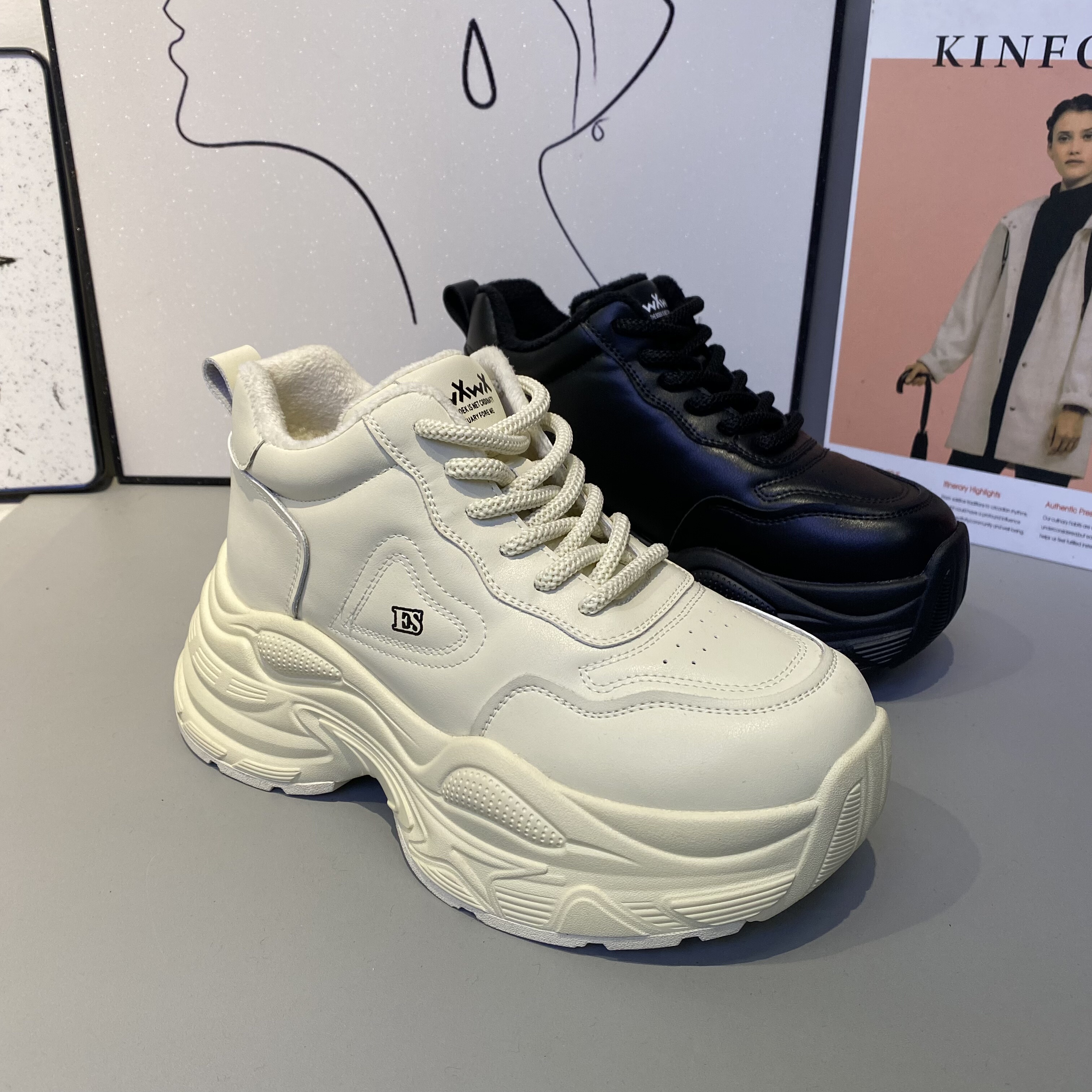 2025冬季女鞋防滑松糕厚底加棉高帮休闲鞋大棉老爹鞋女棉鞋女潮鞋