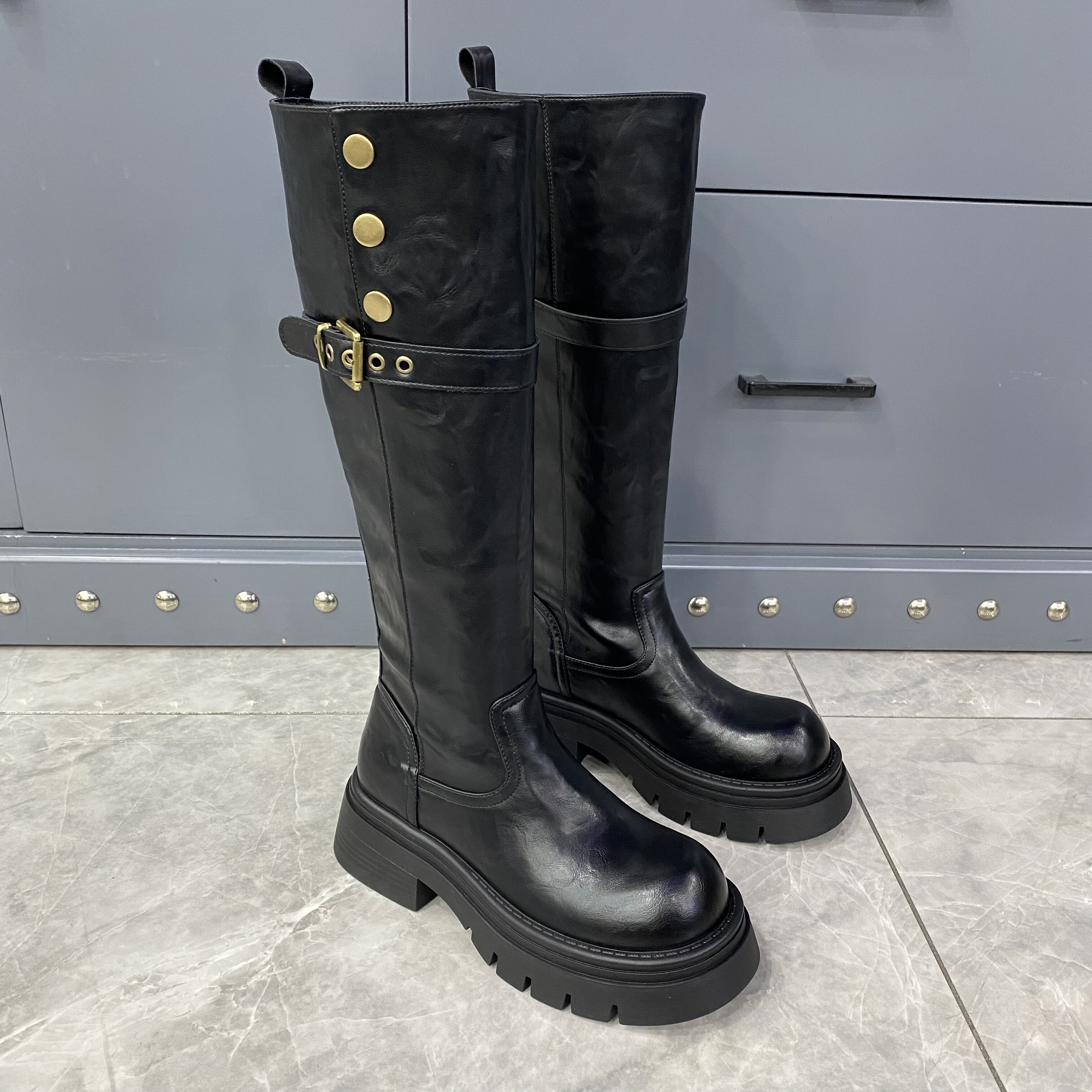 2025冬季女靴松糕厚底加棉膝盖下长靴大棉不过膝长筒靴女骑士靴