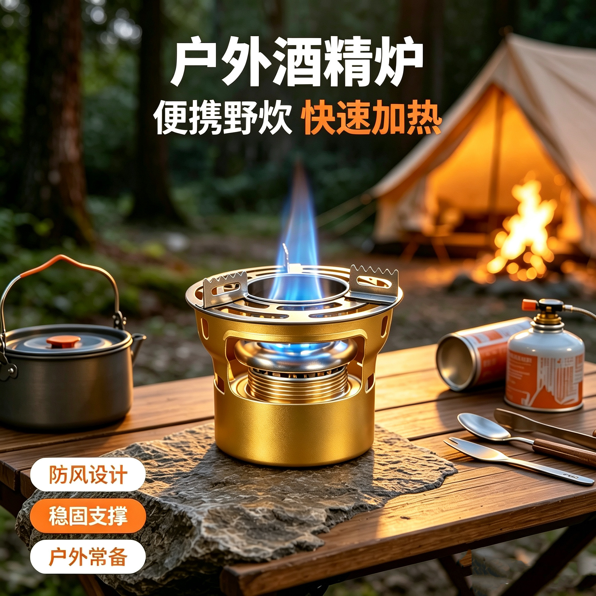 户外黄铜酒精炉 不锈钢集束燃烧器 防风集能增强火力稳定四合一炉