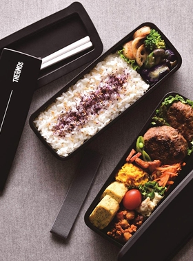 日本膳魔师便当盒微波午餐饭盒双层便携长条形黑色DJS-980ml精致