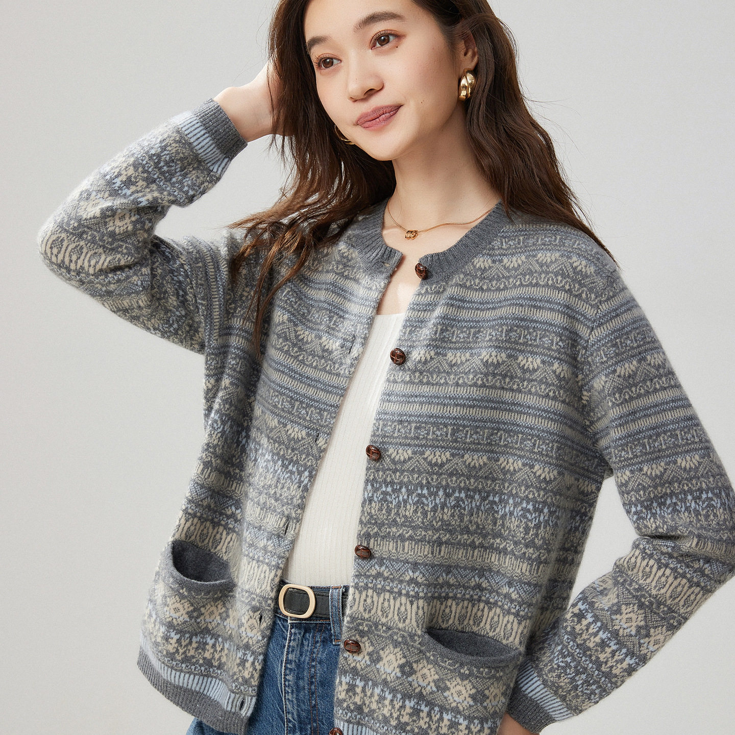 秋冬季新款复古费尔岛提花宽松山羊绒开衫外套女圆领针织显瘦外搭