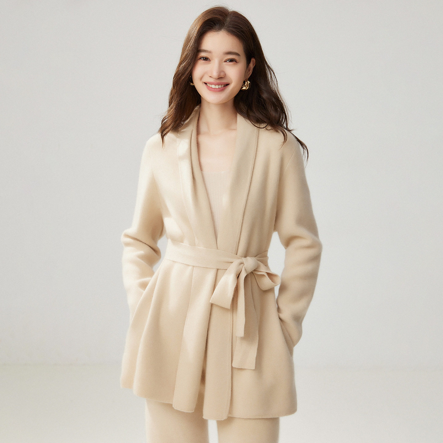秋冬新款欧美气质山羊绒开衫女士加厚收腰中长款大衣针织宽松外套