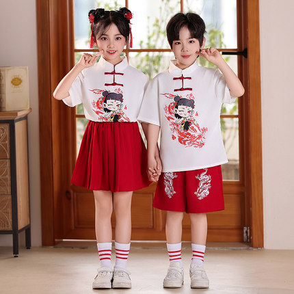 六一儿童大合唱中国风印花哪吒演出服小学生运动会诗朗诵表演服装