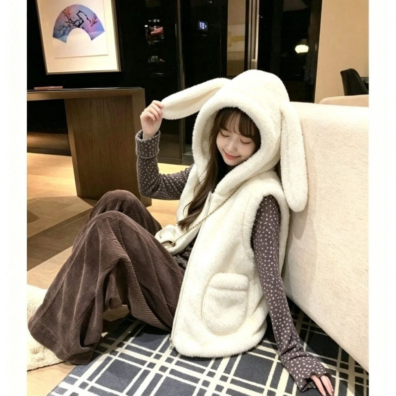 韩系长兔耳朵连帽毛毛马甲2026秋新款女洋气时尚百搭甜美可爱外套