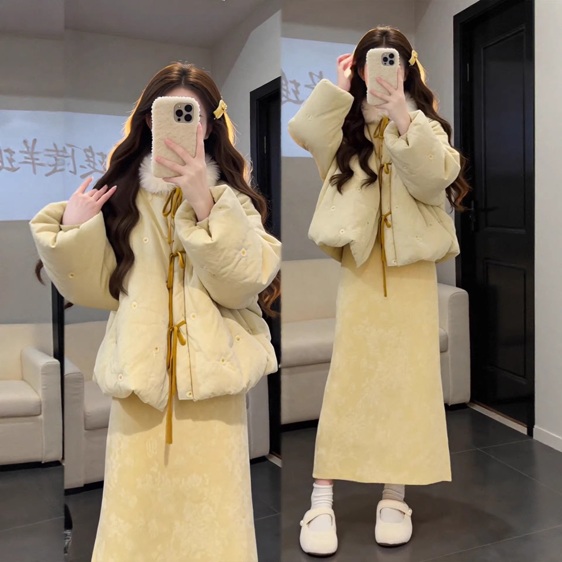巨好看冬装一整套温柔风保暖花苞棉服外套旗袍连衣裙新中式套装女