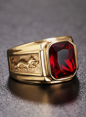 个性复古金色双龙宝石戒指男戒