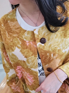 植物印花外套气质圆领夹克椰壳扣坏丫头大码女装2024春秋2211微瑕