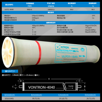 时代沃顿4寸净水设备滤芯净水器1600G汇通RO膜ULP21-4040反渗透