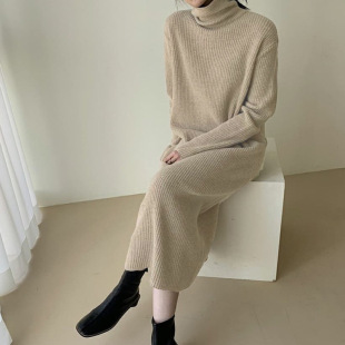 秋冬宽松高领连衣裙女过膝长款 御寒打底针织长裙羊毛 毛衣裙修身