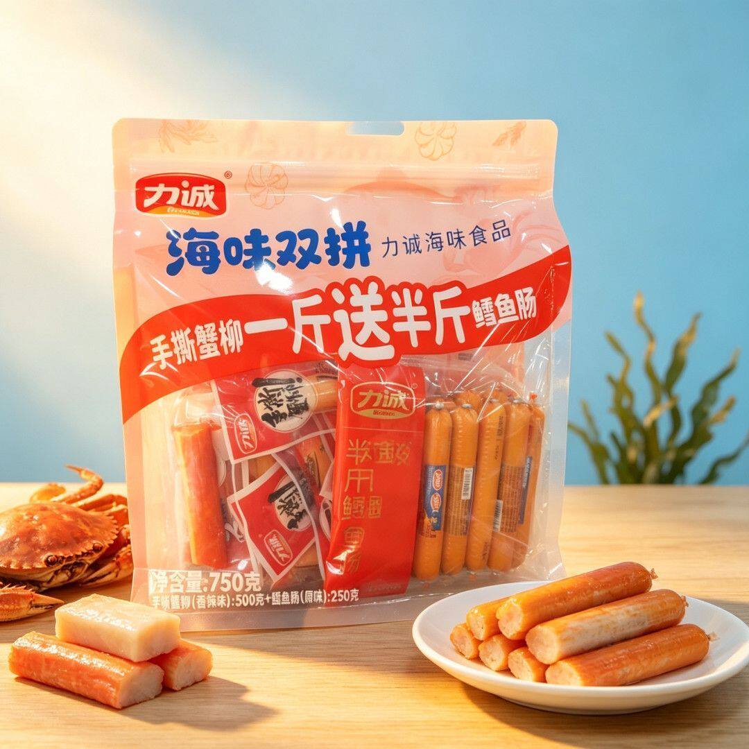特惠】力诚海味双拼750g手撕蟹柳香辣味鳕鱼肠原味儿童小零食小吃