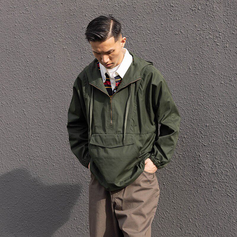 KUFFYLINK 防水连帽套头夹克复古中长款纯色防水军绿日系2024新款