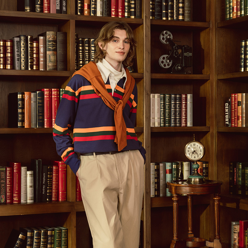 KUFFYLINK纽扣领条纹橄榄球衫