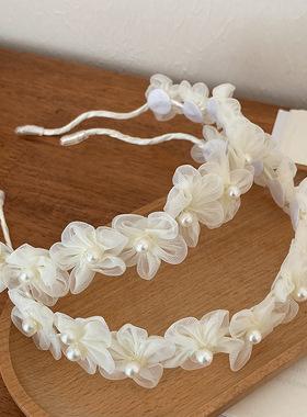 森系少女超仙高级感百搭压发头箍发卡甜美小香风白色珍珠花朵发箍