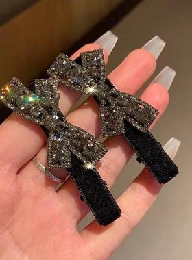 2024新款黑色丝绒亮钻刘海侧边夹鸭嘴夹轻奢风蝴蝶结镶钻发夹气质