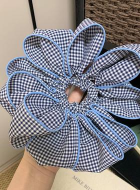 蓝色格子花朵大肠发圈女高级感超大头绳慵懒风扎头发丸子头发饰