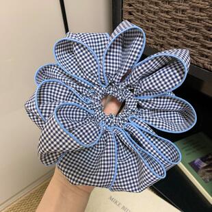 蓝色格子花朵大肠发圈女高级感超大头绳慵懒风扎头发丸子头发饰
