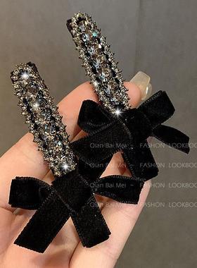 轻奢复古丝绒蝴蝶结发夹小香风灰色水钻高级感刘海夹一字夹边夹女