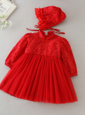 秋冬红色长袖婴儿宝宝礼服新生儿百天摆酒满月周岁公主婚纱连衣裙