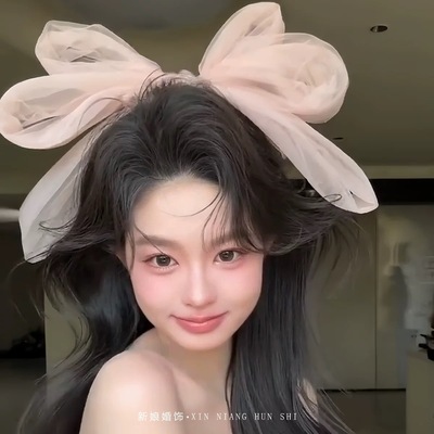 新款超仙粉色大蝴蝶结发夹新娘结婚纱礼服减龄显脸小拍照头饰发饰