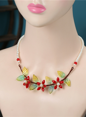 古风项链汉服软璎珞红色花朵吊坠古装坦领颈链宋制围髻新中式配饰