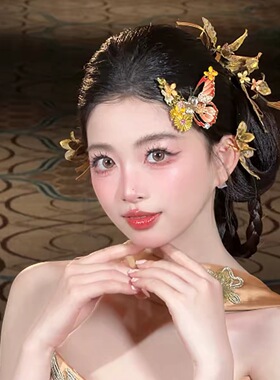 新中式新娘复古金色刺绣花朵头饰发簪立体蝴蝶秀禾龙凤褂婚礼发饰