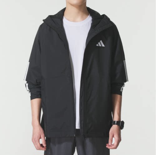 Adidas阿迪达斯男士连帽防风夹克运动休闲外套黑色JM1056