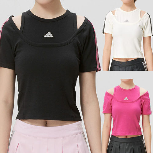 阿迪达斯露肩假两件短袖T恤女修身运动上衣KS2890 KR7606 KR7607