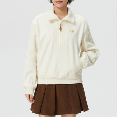 阿迪达斯三叶草半拉链女白色翻领套头衫休闲运动风KT0725 KT3135