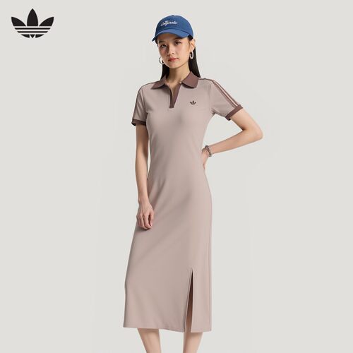 阿迪达斯三叶草修身翻领连衣裙女学院风通勤中长裙KY5699 KY5698