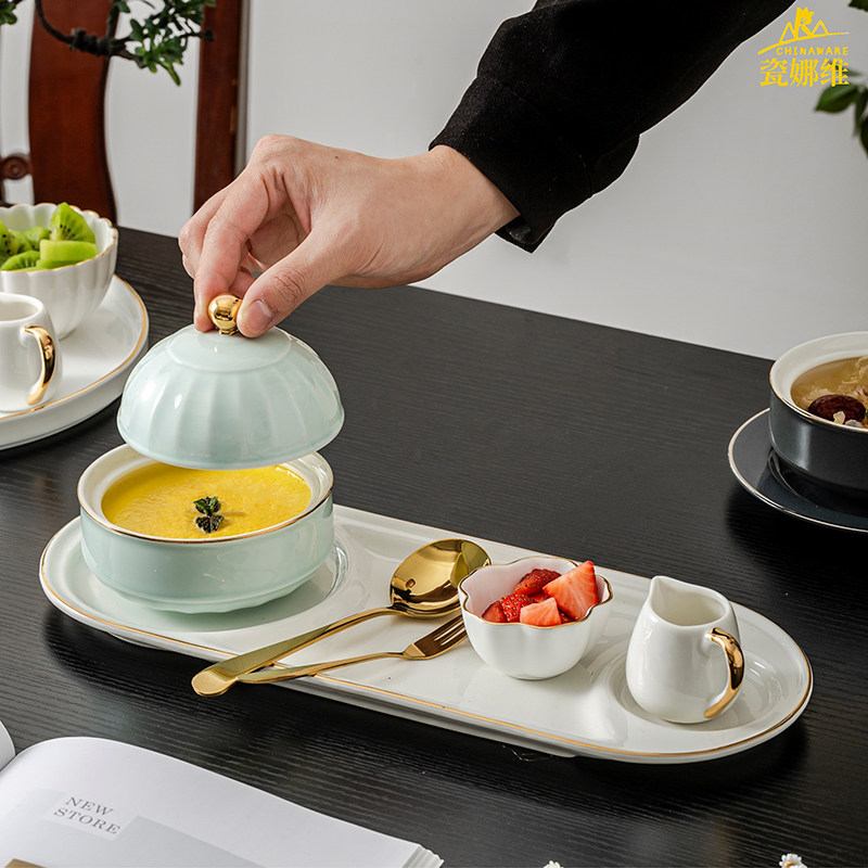 金边陶瓷精致甜品碗点心碗燕窝碗美容院带盖碗养生粥会所位上炖盅