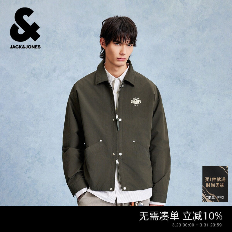 杰克琼斯男装春季夹克上衣外套常规翻领字母刺绣设计时尚百搭休闲