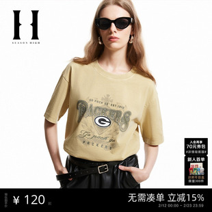 SEASONHIGH女士秋季短袖T恤圆领胸口绿湾包装工队立体Logo胶印女