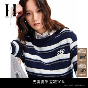 春季 SEASON HIGH女装 针织衫 精致logo刺绣撞色条纹圆领毛衣 新款