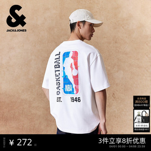 杰克琼斯男装 春季 T恤上衣休闲百搭胶印印花宽松 NBA联名款