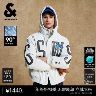 杰克琼斯男装NBA联名款勇士队宽松日常舒适潮刺绣连帽短款羽绒服