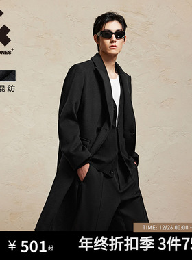 杰克琼斯男装毛呢大衣男秋冬含羊毛黑色休闲静奢风纯色大衣外套