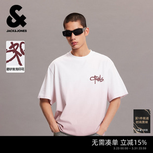 春夏绒感印花短袖 杰克琼斯男装 T恤纯棉宽松打底衫 吊染渐变