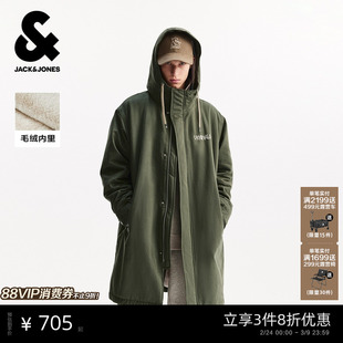 杰克琼斯男装春季棉衣拼接毛绒内里抽绳连帽宽松字母刺绣中长外套
