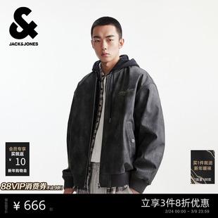 杰克琼斯男装春季新款美式复古假两件PU连帽棒球领飞行夹克外套