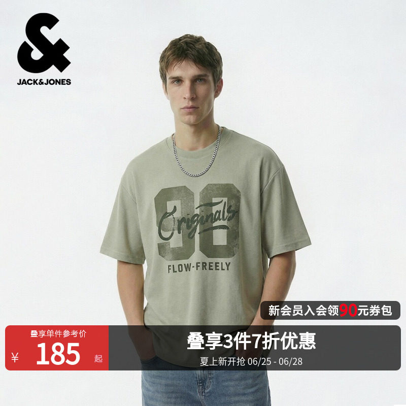 杰克琼斯夏季男装T恤短袖宽松艺术涂鸦字母贴布亲肤22620107