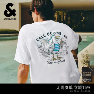 轻松海鸥T 纯棉印花T恤短袖 杰克琼斯男装 新款 打底宽松情侣 夏季