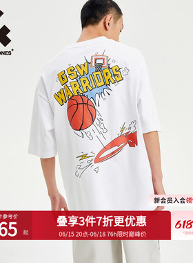 [NBA联名]杰克琼斯男装夏勇士队肌理印花短袖T恤宽松刺绣打底衫
