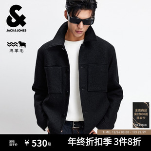 纯色翻领外套上衣静奢羊髦男装 杰克琼斯毛呢大衣男秋季 纯羊毛